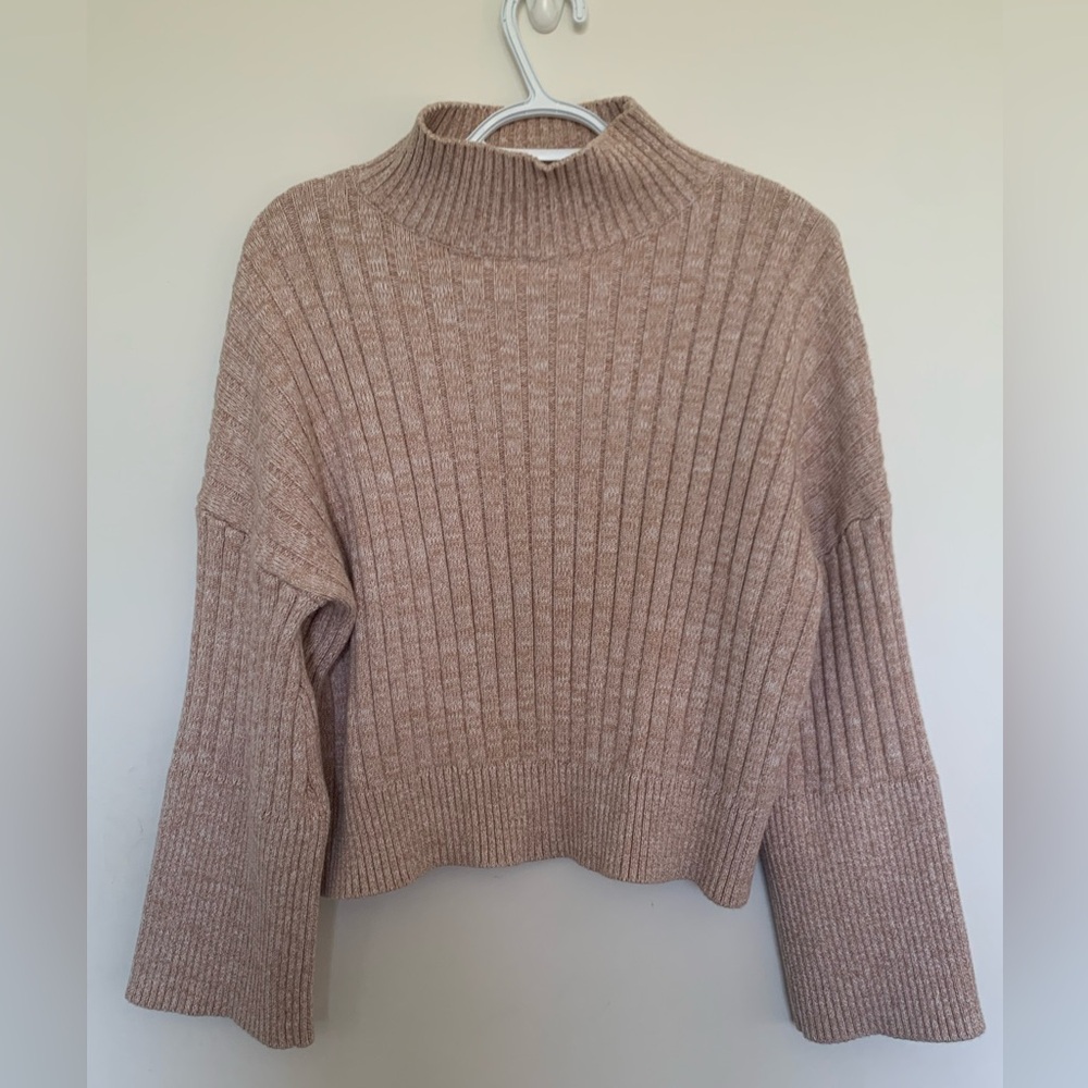Paper Label Mock Neck Cropped Rib Knjt Sweater Beige Tan Oversized Small